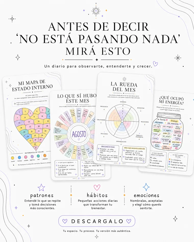 Diario de Evidencias: mapa de estado interno, rueda del mes y páginas de hábitos y emociones